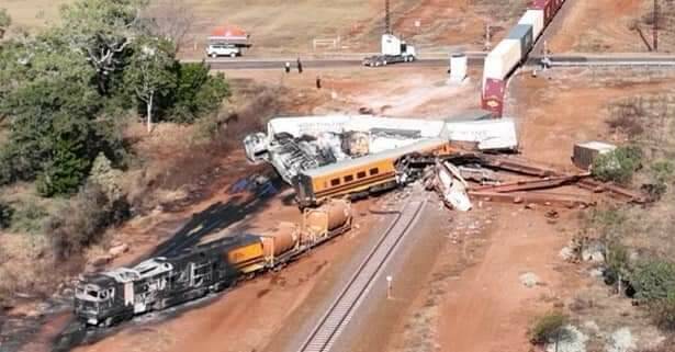 A freight train has derailed at Florina Road crossing. Picture via Facebook. 
