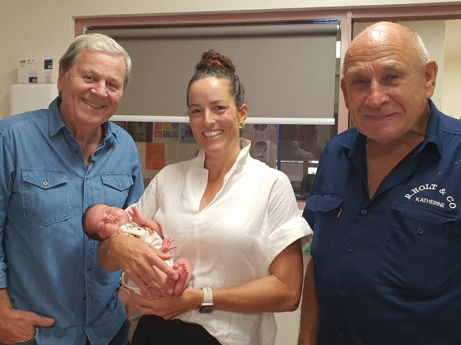 Ray Martin and Bob Holt with Amanda Jagers and baby Tully who was born at 34 weeks. 