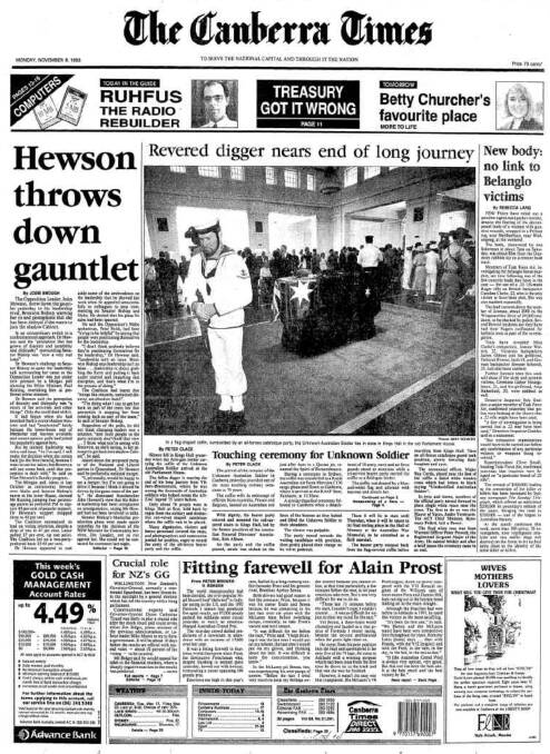 The front page of The Canberra Times on November 8, 1993.