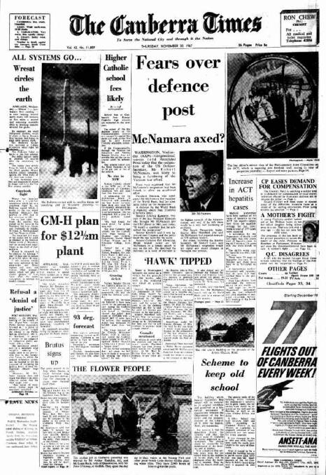 The front page of The Canberra Times on November 30, 1967.