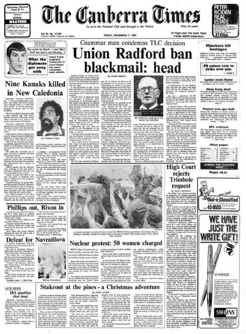 The front page of The Canberra Times on December 7, 1984.