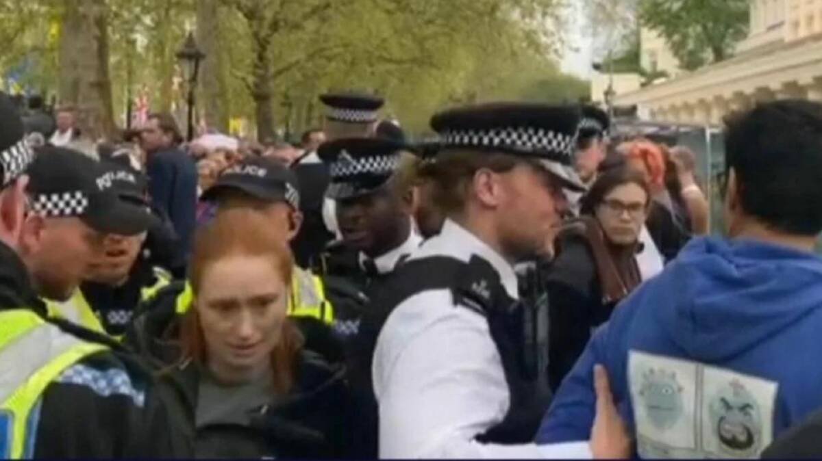 Alice Chambers is caught up in the arrest of protestors at the coronation. Picture SkyNews UK.