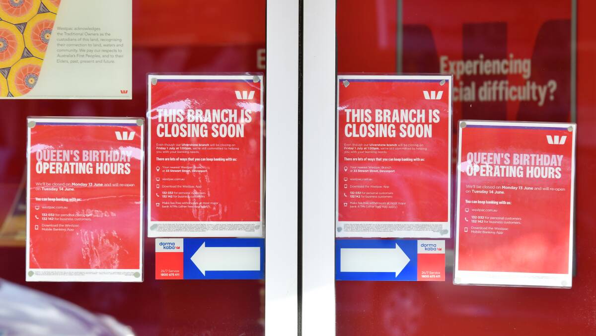 Closing notice on the doors of the Ulverstone, Tasmania Westpac Bank branch in 2022. Picture by Brodie Weeding.