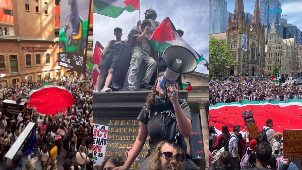 Scenes from Melbourne's pro-Palestine student protest on the steps of Flinders Street Station and in Melbourne Central on November 23. Pictures via School Students for Palestine