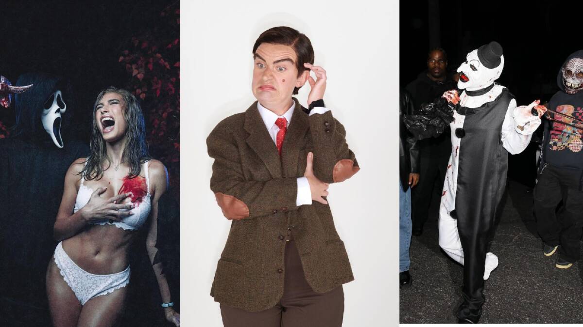 Tyga as Art the Clown (left), Amelia Dimoldenberg as Mr Bean (centre) and Hailey Bieber as Carmen Electra in Scary Movie (right). Pictures via Instagram