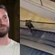 Damien Guerot speaks to media (left) and footage of the Frenchman holding back killer Joel Cauchi on an escalator (right). Pictures 7News