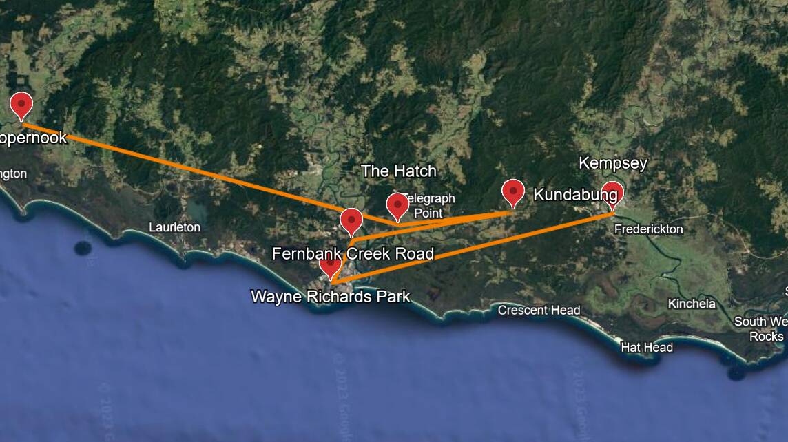 A map showing the ute's movements based on incidents reported to NSW Police. Picture via Google Earth