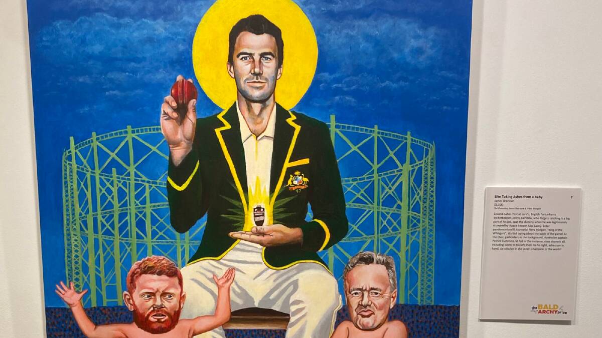 James Brennan's Bald Archy Prize 2024 entry featuring Australian cricket captain Pat Cummins holding the Ashes while English cricketer Jonny Bairstow and presenter Piers Morgan 'spit the dummy'. Picture Bald Archy Prize