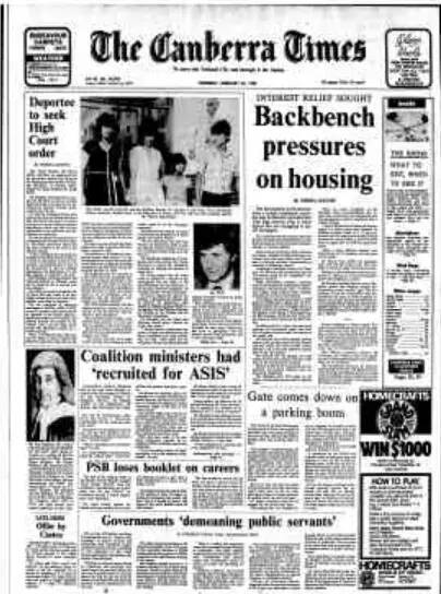 The front page of The Canberra Times on February 25, 1982.