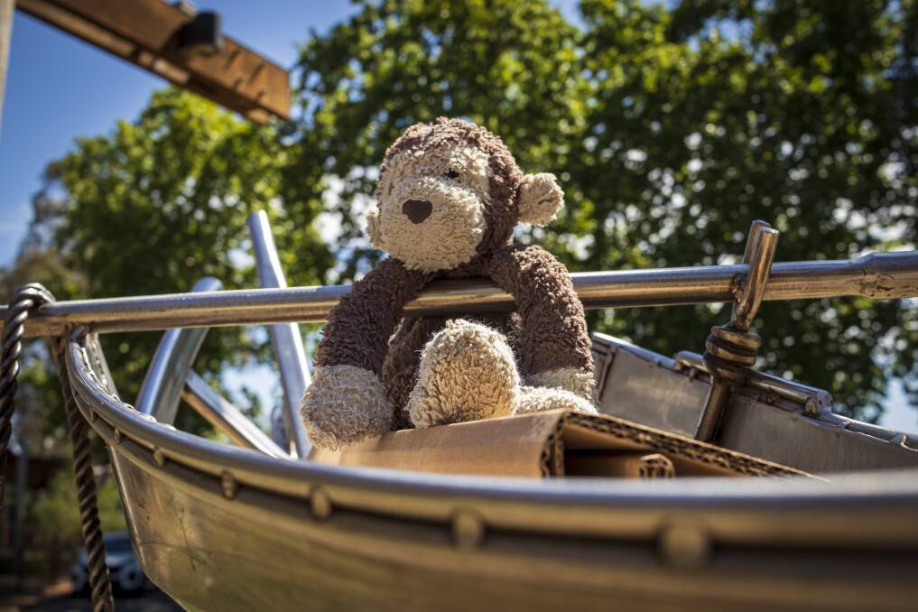 Monkey embarks on a journey in a ship sculpture at Apex Park, Wangaratta. Picture by Layton Holley