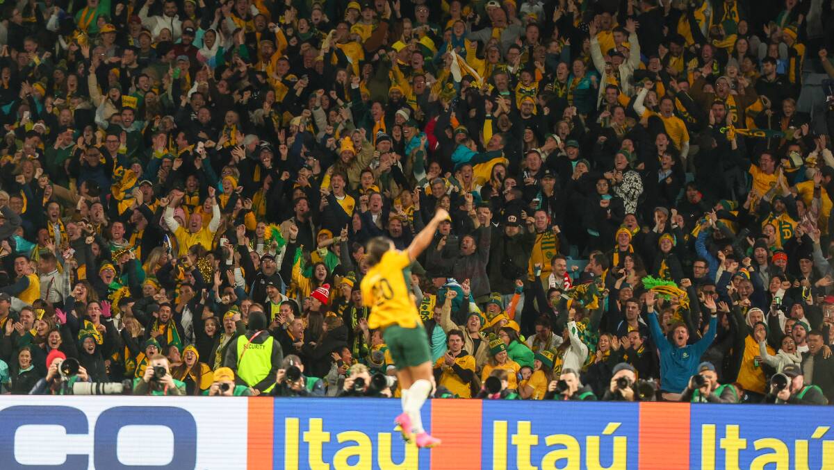 Sam Kerr celebrates a spectacular equaliser in the FIFA Women's World Cup match against England at a sold-out Stadium Australia. Picture by Adam McLean