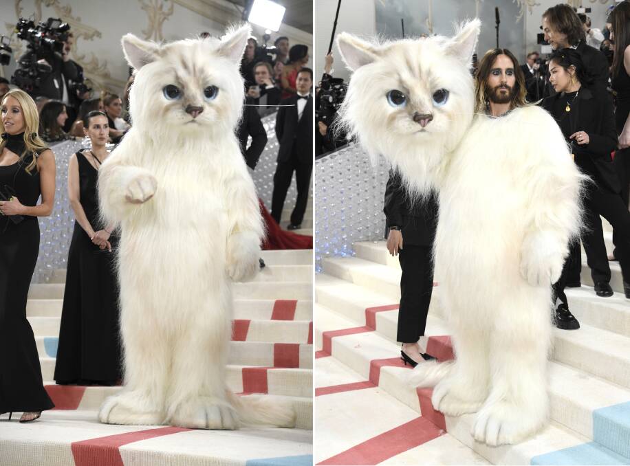 Hollywood actor Jared Leto is revealed as the star hidden inside a full cat costume in honour of Karl Lagerfeld's pet Choupette. Picture by Evan Agostini/Invision/AP