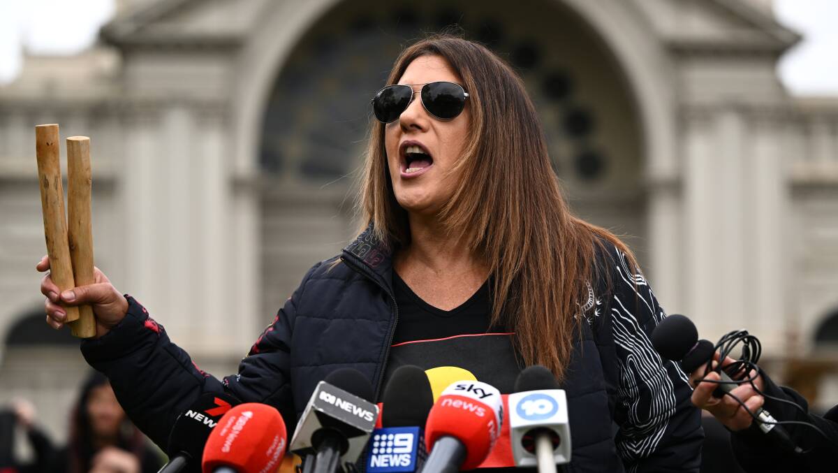 Independent Senator Lidia Thorpe speaks to media at the Royal Exhibition Building in Melbourne on October 5 as federal police investigate a video showing a neo-Nazi burning the Aboriginal flag which was sent to Victorian senator Lidia Thorpe. Picture by AAP Image/Joel Carrett