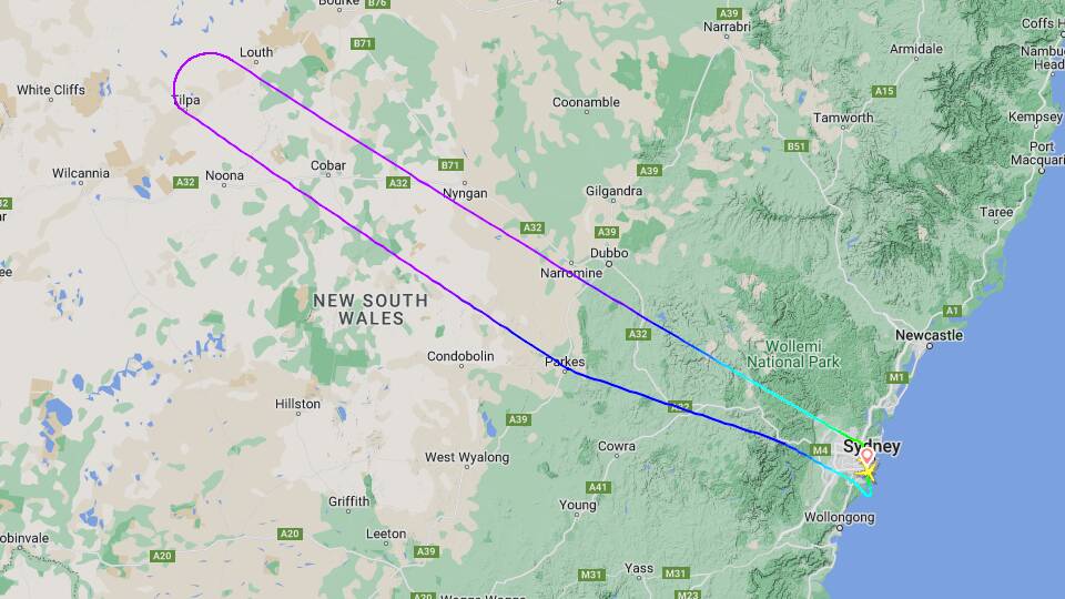 The Malaysia Airlines flight path departing and then returning to Sydney Airport on August 14. Picture by FlightRadar24