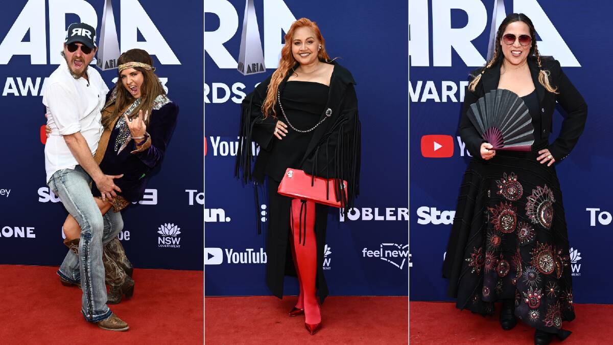 Adam Eckersley and Brooke McClymont, Jessica Mauboy and Kate Ceberano arrive at the red carpet for the ARIA Awards 2023 in Sydney. Pictures by AAP Image/Dan Himbrechts