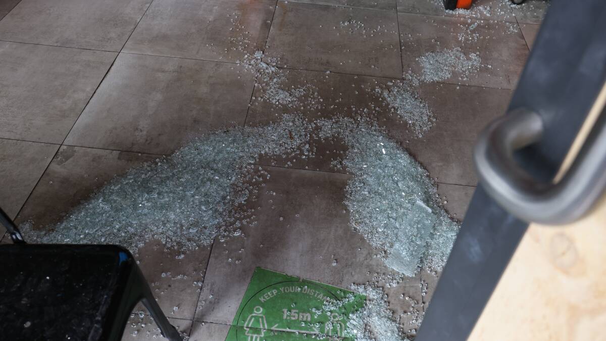 Shattered glass at Hot Wok in Casey, one of the places allegedly burgled in January. Picture by James Croucher