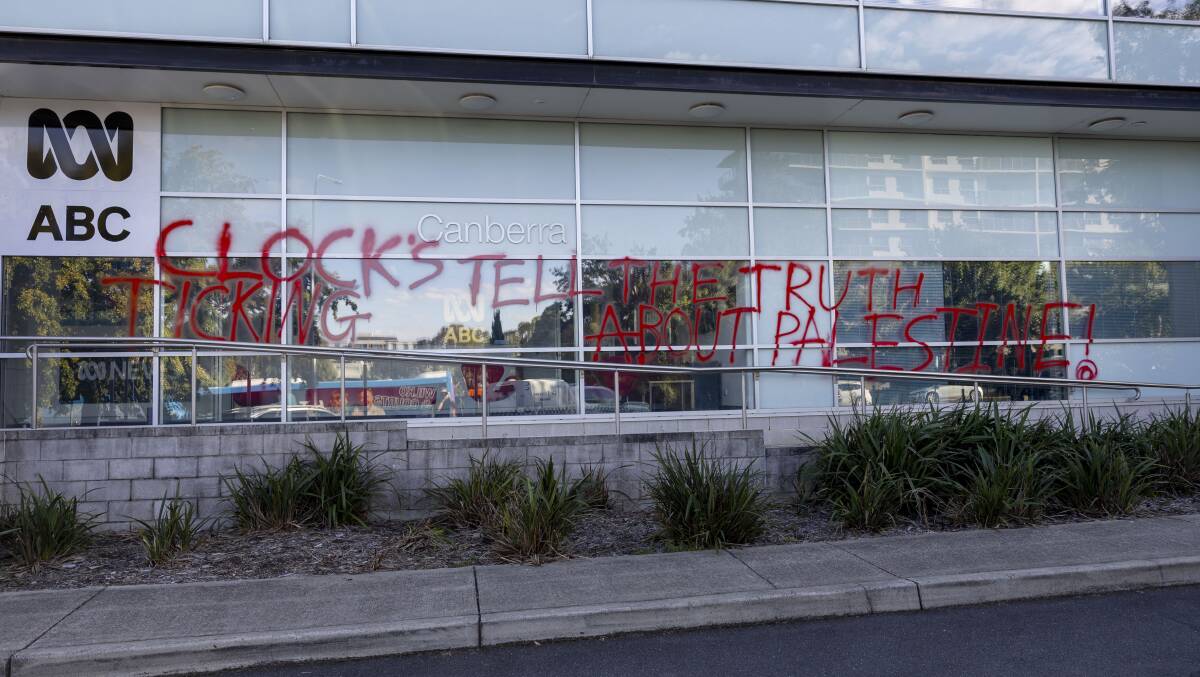 Vandalism at the ABC Canberra office, on March 7. Picture by Gary Ramage