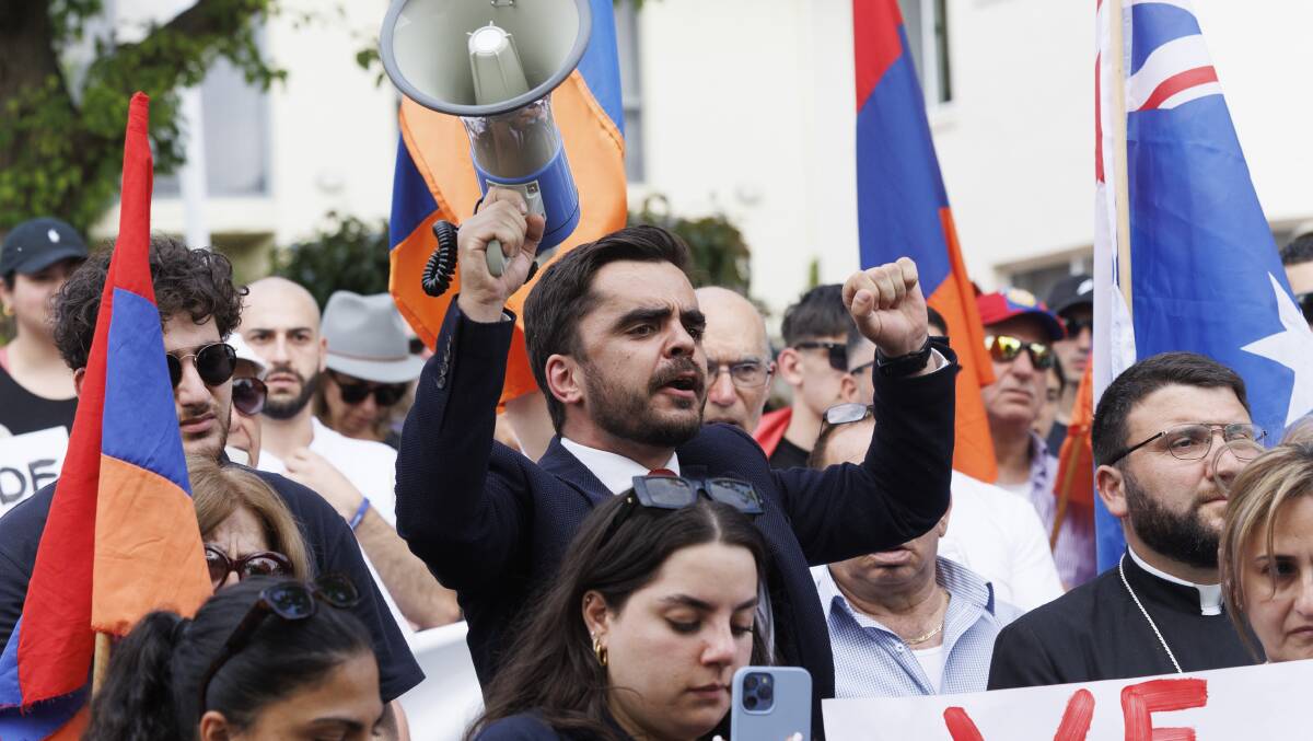 Hovig Melkonian from Melbourne protests in front of the Azerbaijan Embassy. Picture by Keegan Carroll
