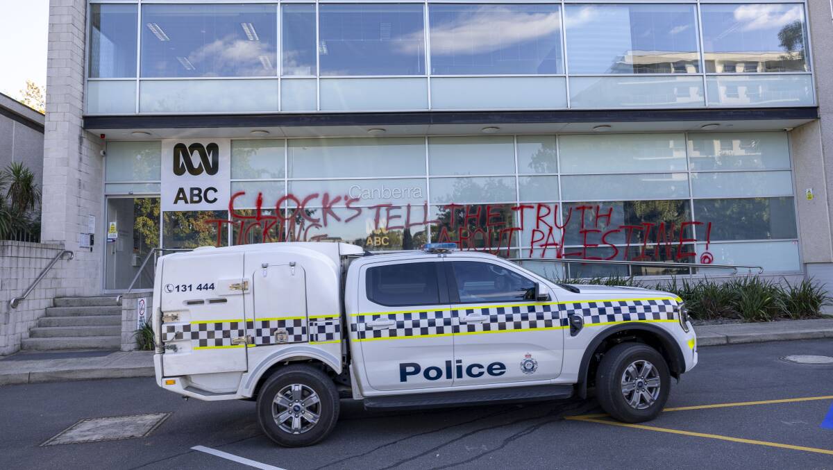 ABC's Canberra office has been vandalised again, with perpetrators spray painting messages about the Israel-Palestine conflict on its windows. Picture by Gary Ramage