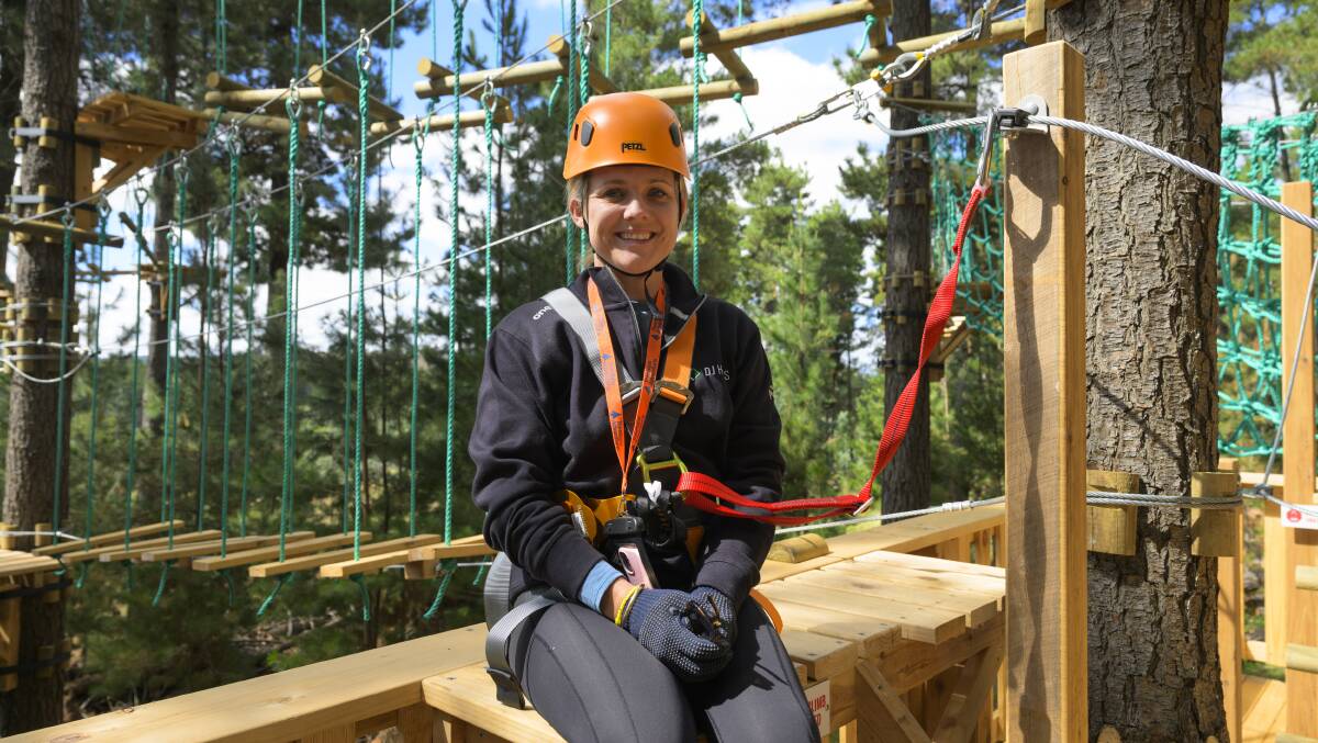 Carwoola resident Jayde Jones enjoys the opening of the new Treetops Adventure Park in Majura. Picture by Keegan Carroll