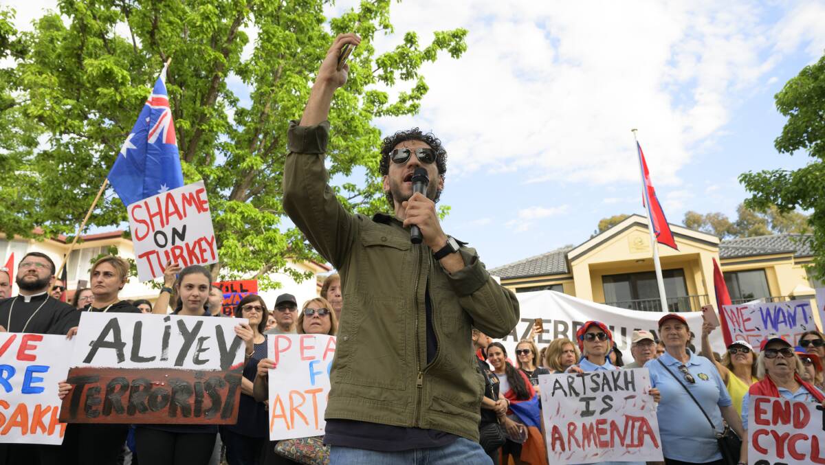 Hundreds of people were bussed from Sydney and Melbourne to protest Azerbaijan's offensive in Nagorno-Karabakh. Picture by Keegan Carroll