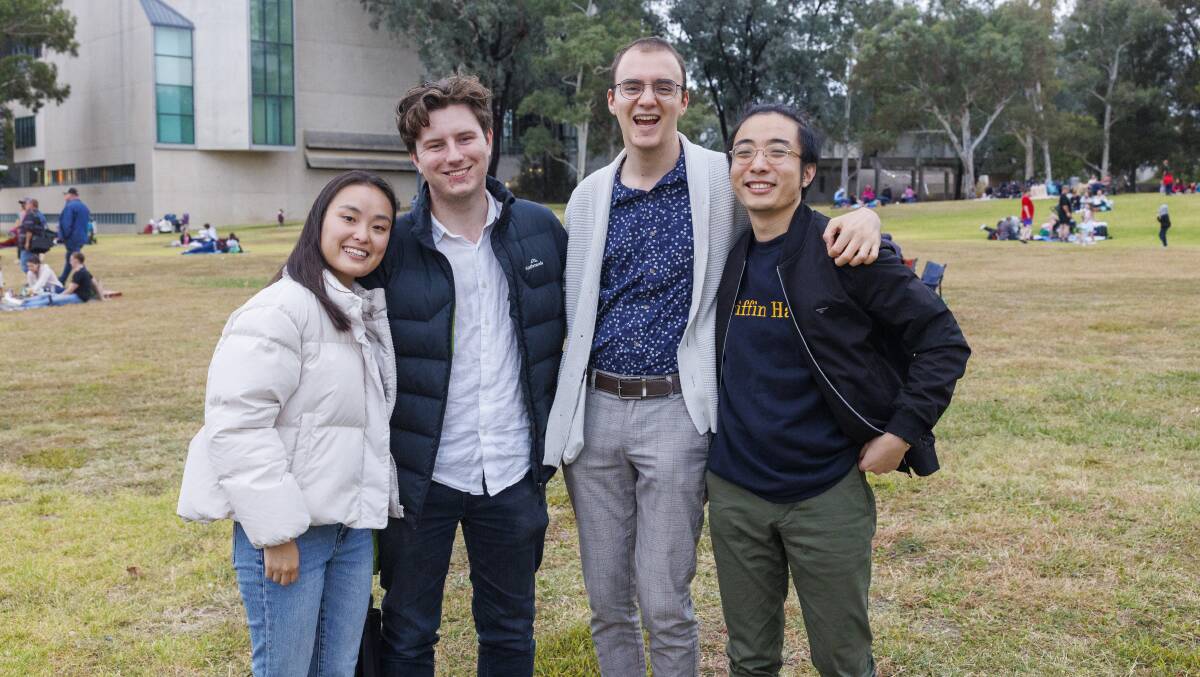 Jenn Lee, Forbes Mailler, Jacob Ellis, and Jeffery Yang reunited from across the country to watch Saturday's show. Picture by Keegan Carroll.
