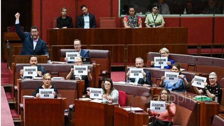The Greens held up signs and chanted "ceasefire now" in the Senate on Thursday, protesting the government's position on the Israel-Hamas conflict. Picture: AAP.