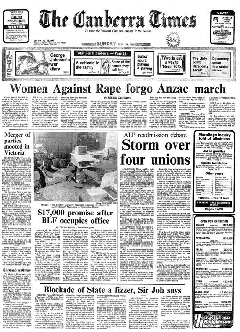 The front page of The Canberra Times on April 21, 1985.