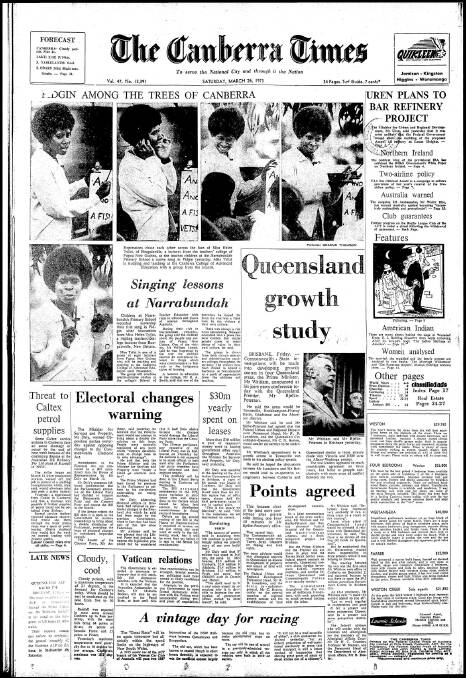 The front page of The Canberra Times on March 24, 1973.
