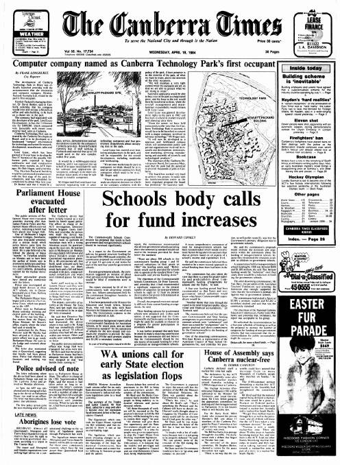 The front page of The Canberra Times on April 18, 1984.