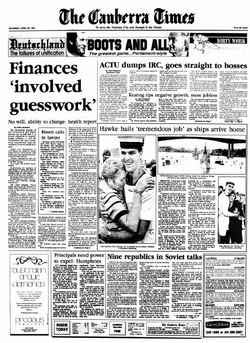 The front page of The Canberra Times on April 20, 1991.