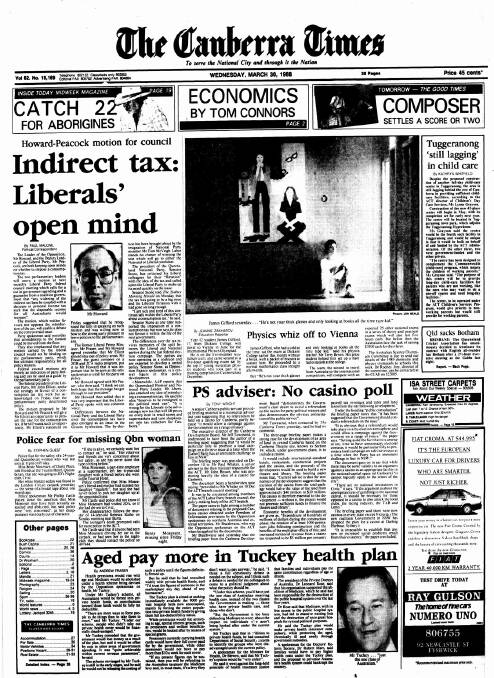 The front page of The Canberra Times on March 30, 1988.
