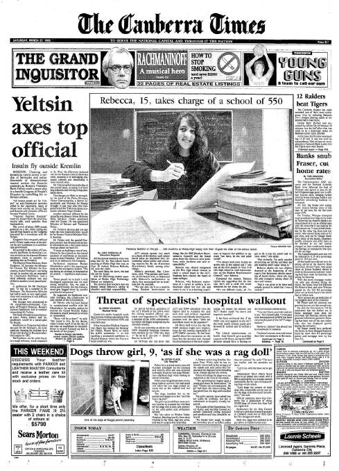 The front page of The Canberra Times on March 27, 1993.