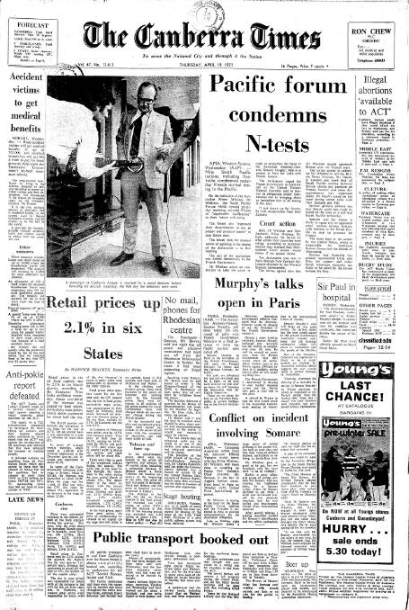 The front page of The Canberra Times on April 19, 1973.