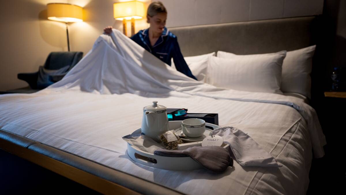 The Hyatt Canberra's Claudia Liebenberg with the features of the hotel's sleep offer. Picture by Elesa Kurtz 