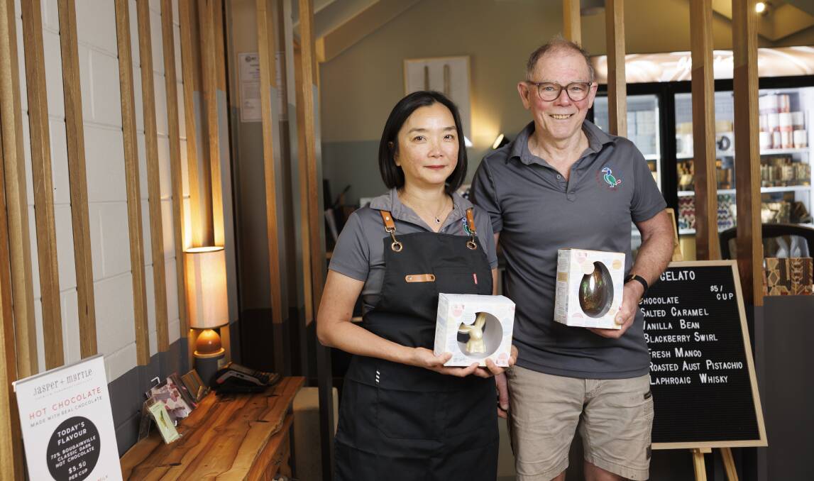 Li Peng Monroe and Peter Channells, co-owners of Jasper and Myrtle, with their 2024 Easter collection. Picture by Keegan Carroll