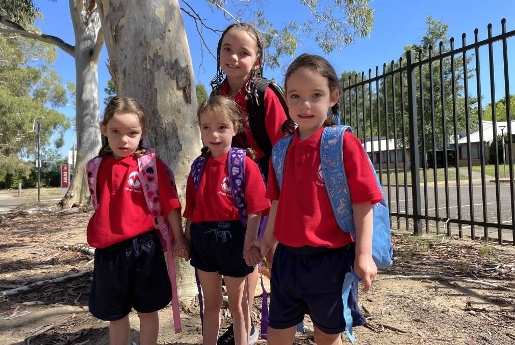 Keen triplets Aleisha, Maddilyn and Eloise, as well as big sister Lily, are all starting at Monash Primary School this year. Picture by Megan Doherty