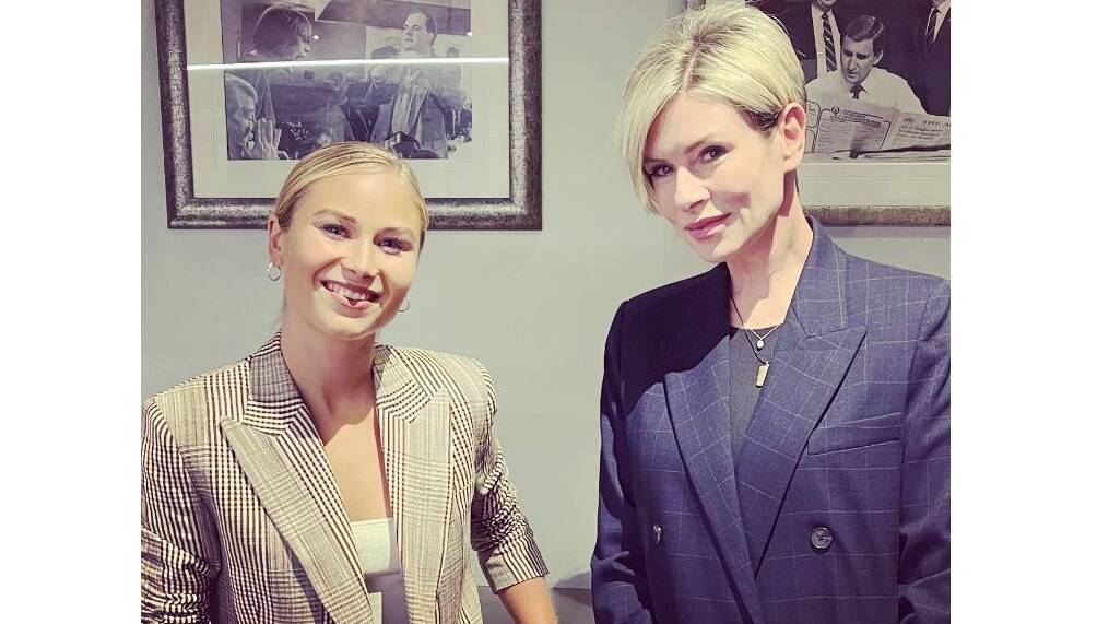 Grace Tame (left) in March last year spoke at the National Press Club in Canberra at an event organised by Women in Media Canberra convener Emma Macdonald. Picture: Supplied