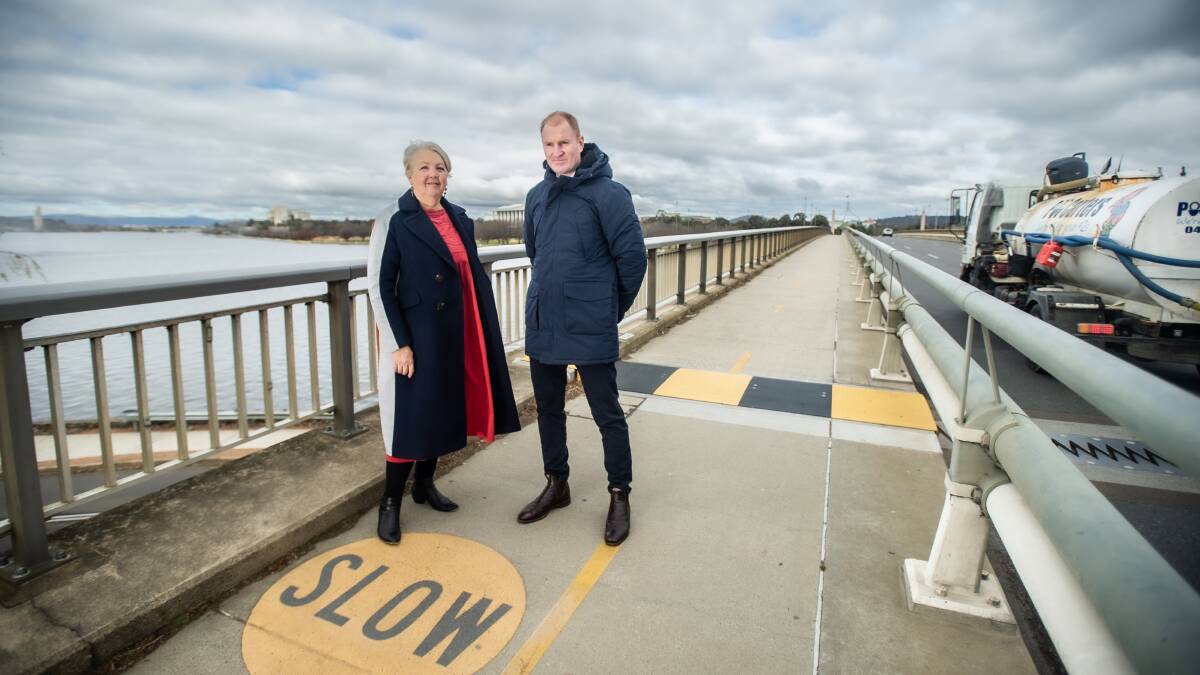 National Capital Authority chief executive Sally Barnes and project director Greg Tallentire back in June announcing the Commonwealth Avenue Bridge revamp. Picture by Karleen Minney