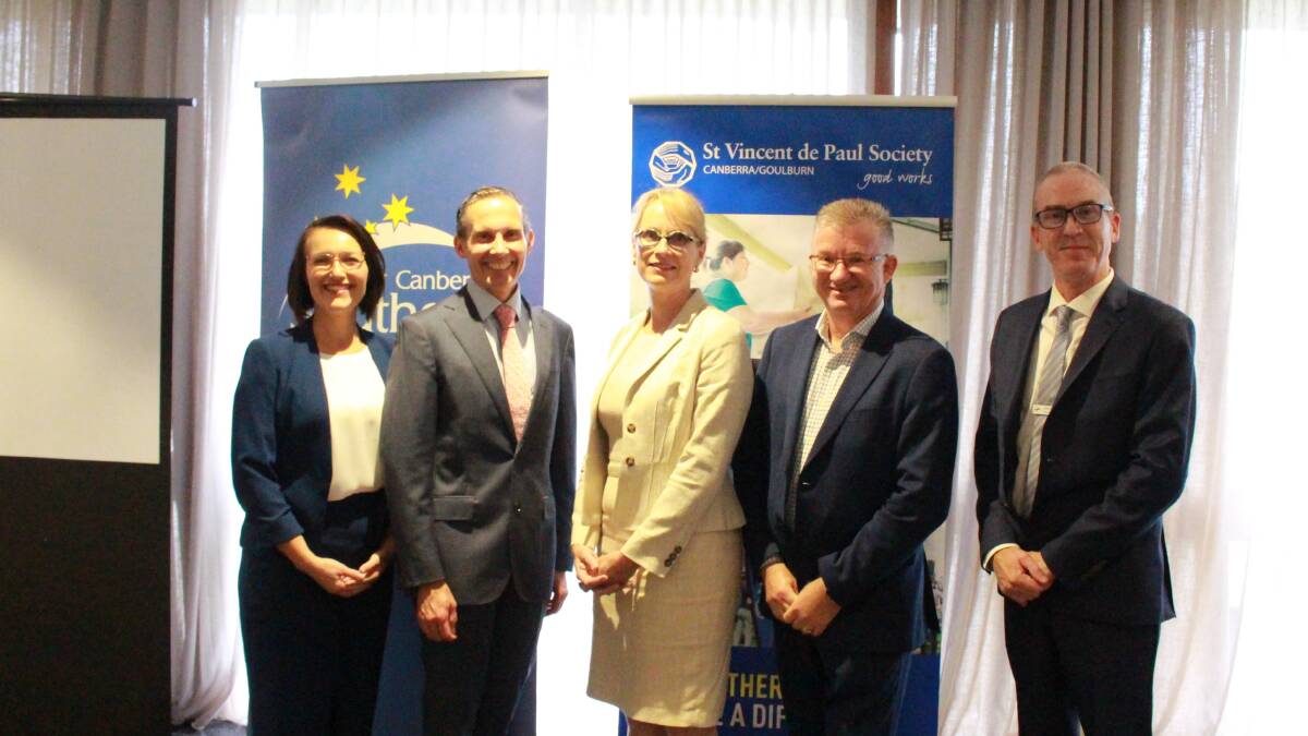 Wisdom Learning CEO Jana Clyde, Fenner MP Andrew Leigh, Vinnies Canberra/Goulburn CEO Lucy Hohnen, Cantlie Recruitment's executive recruitment and employment specialist Keith Cantlie and Canberra Southern Cross Club chief operating officer Matt Walshe. Picture supplied