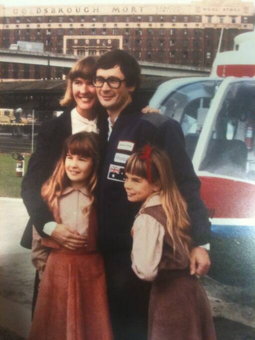 Dick Smith with wife Pip and daughters Hayley and Jenny in 1983 just before the final leg of his solo helicopter flight around the world. Picture: Supplied