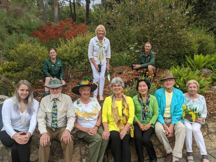 Wattle Day Association members at the gardens on Wesnesday (front from left) Teah Searle, Warwick Wright, Pat Wright, Dr Suzette Searle (president), Stephanie Panter, Rod Panter and Dawn Searle with (behind) horticulturists Janine Baines and Peter Feilen. Picture: Megan Doherty