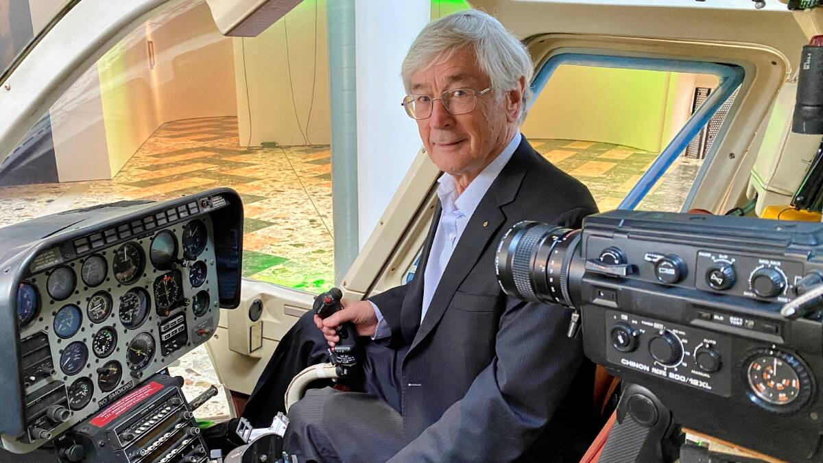 Dick Smith at his book launch this week at Sydney's Powerhouse Museum where his solo-around-the-world helicopter VH-DIK is an exhibit. Picture: Supplied
