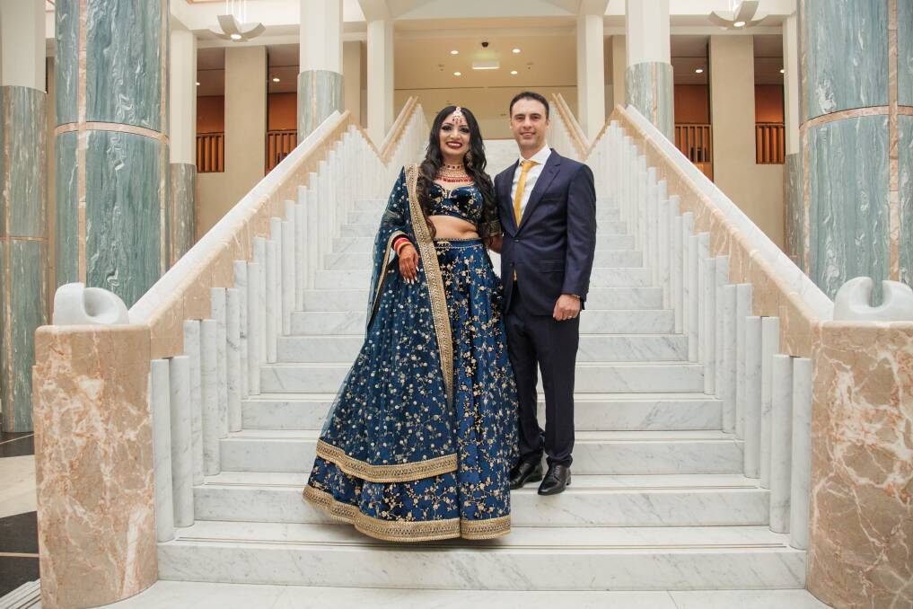 Reena Koak and Andrew Zarb on their wedding day at Parliament House. Picture: Supplied
