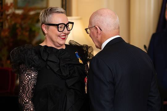 Jenni Tarrant receiving her OAM last week from Governor-General David Hurley. Picture: Supplied