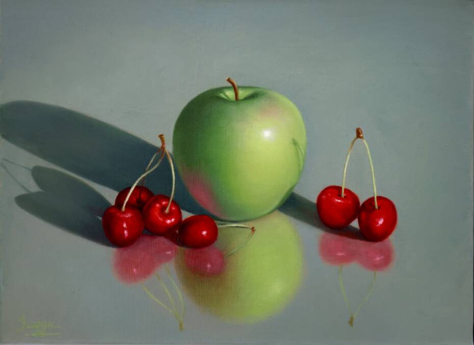 Some of the works in the show: Cherries with Granny #2, by Sukhvinder Saggu.