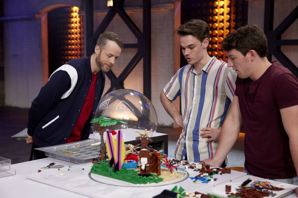 Michael and Harrison on set with host Hamish Blake. Picture: Supplied