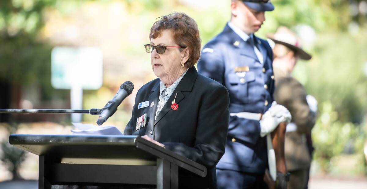 Australian War Widows ACT immediate past president Shirley Percival said in her address: "It is our hope in the future a time will come when they'll be no war widows". Picture: Karleen Minney