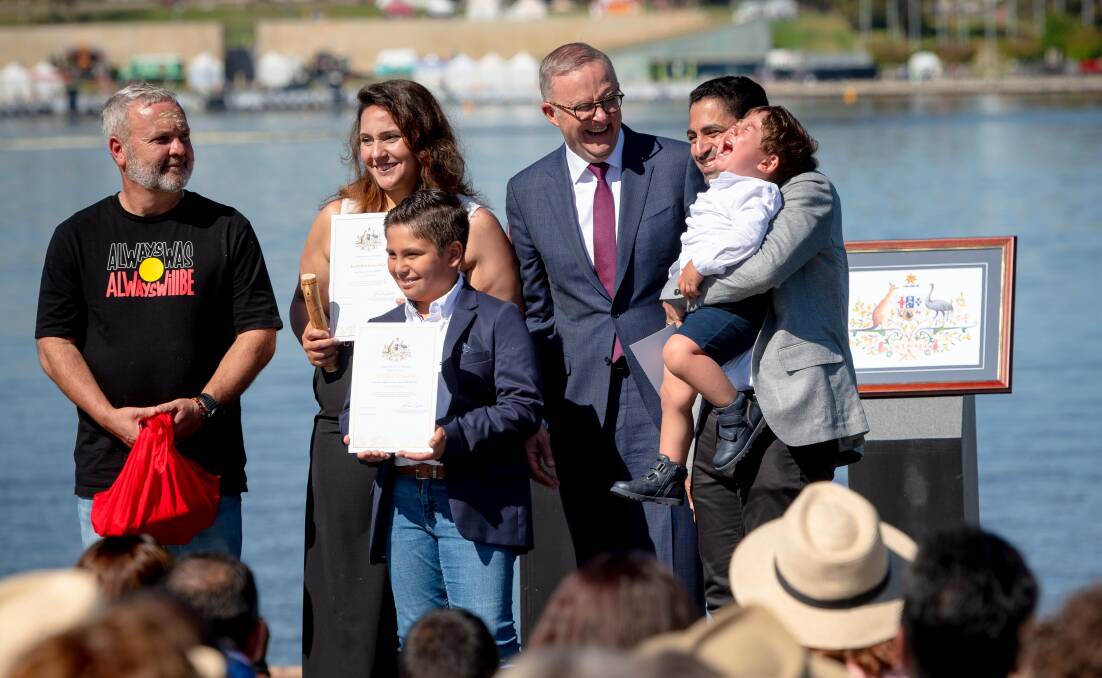 Prime Minister, Anthony Albanese with Dina Tadros and Mina Seedhom and their children, Jonathan, 10 and Jayden, two, at Thursday's Australia Day citizenship ceremony. Picture by Elesa Kurtz