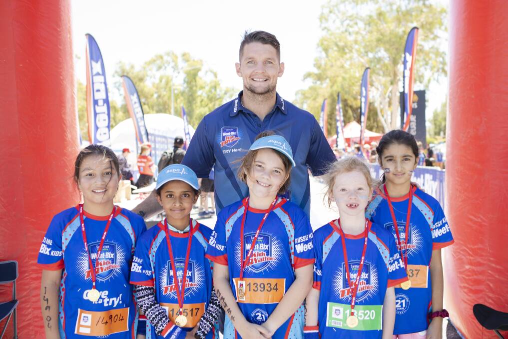 Canberra Raiders captain Jarrod Croker with some "tryathlon" kids in Canberra in 2019. Picture: Jamila Toderas.